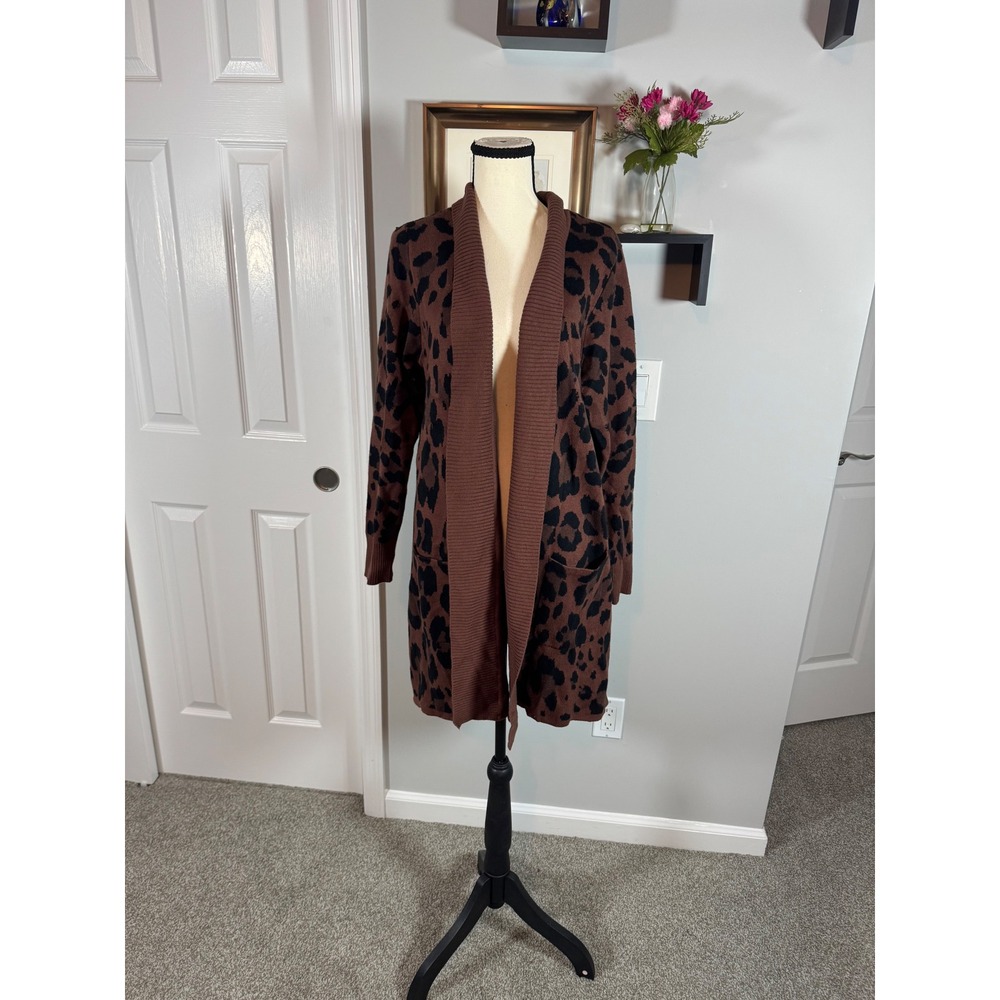 Isaac Mizrahi Live Womens Brown Leopard Print Open Front Cardigan Sweater Large